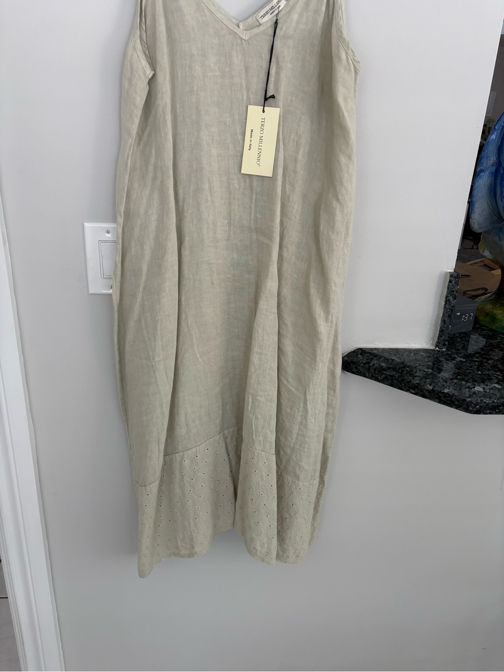 NWT Midi Linen Italian Eyelet Hem Dress - Neutral Beige with hint of green